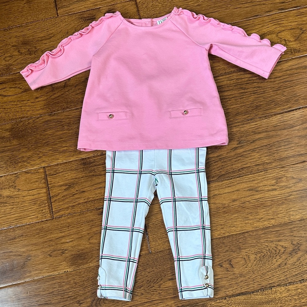 Pink Ruffle Sleeve Top and Plaid Leggings Set
